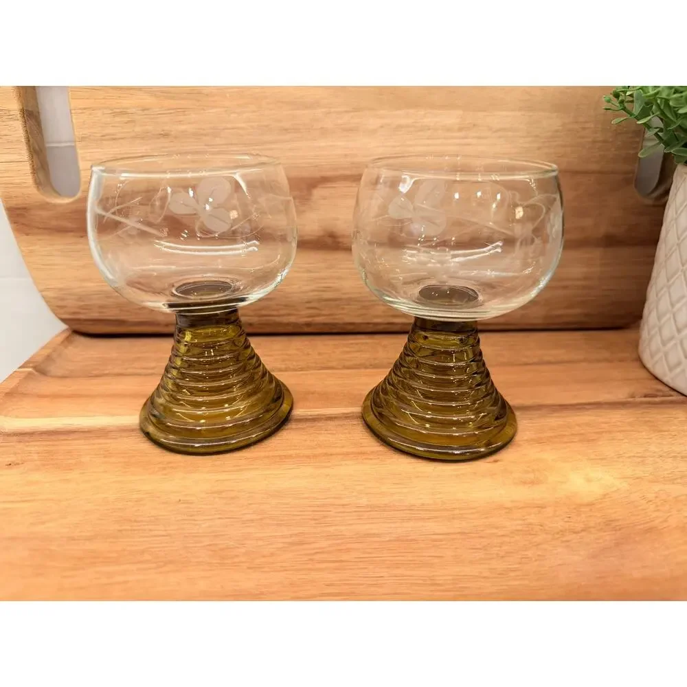 Vintage‎ German Roemer Small Crystal Glasses Amber Color - Etched Grape Design